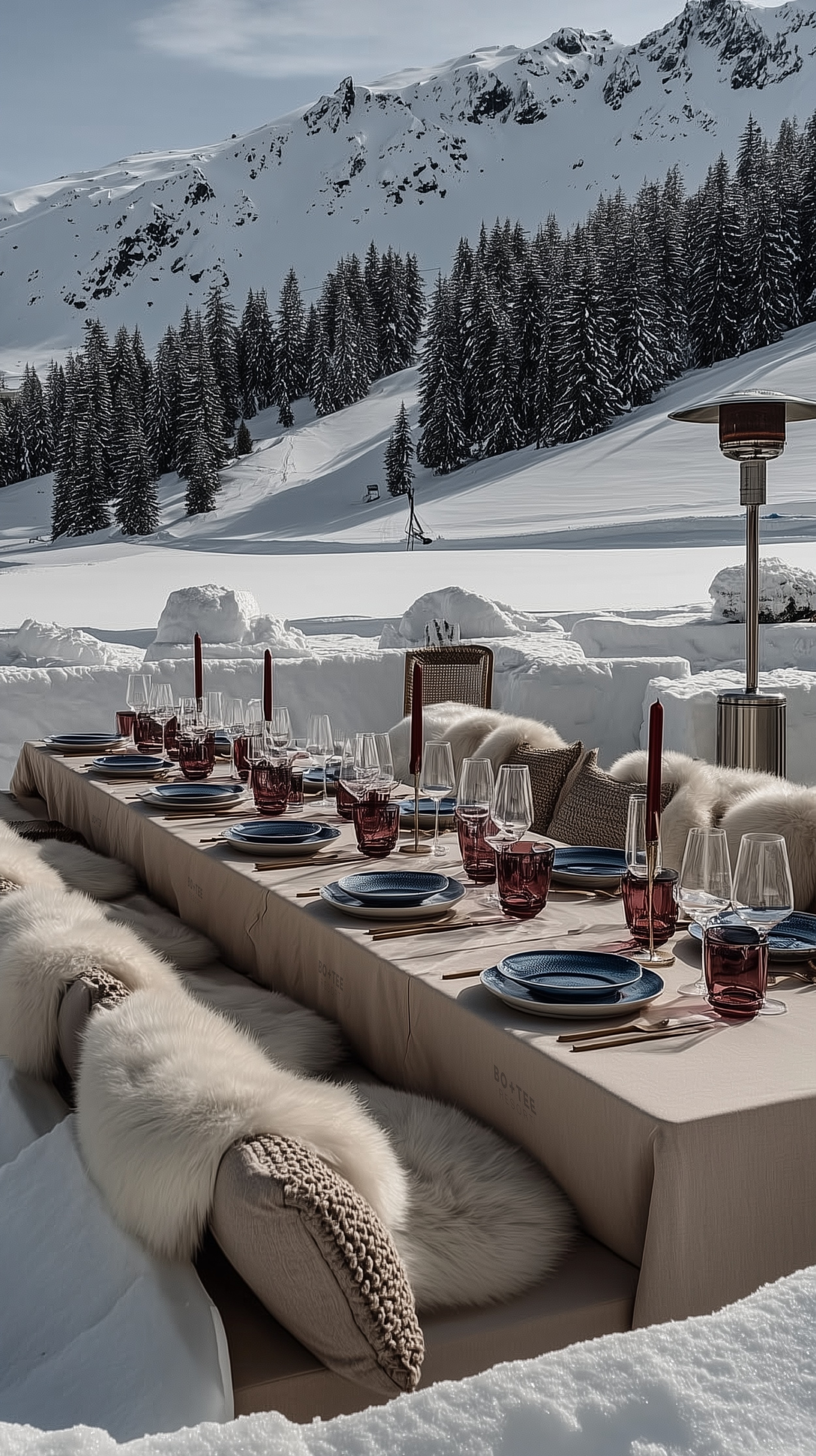Imagined Bo+Tee alpine terrace with a long dining table and soft winter seating