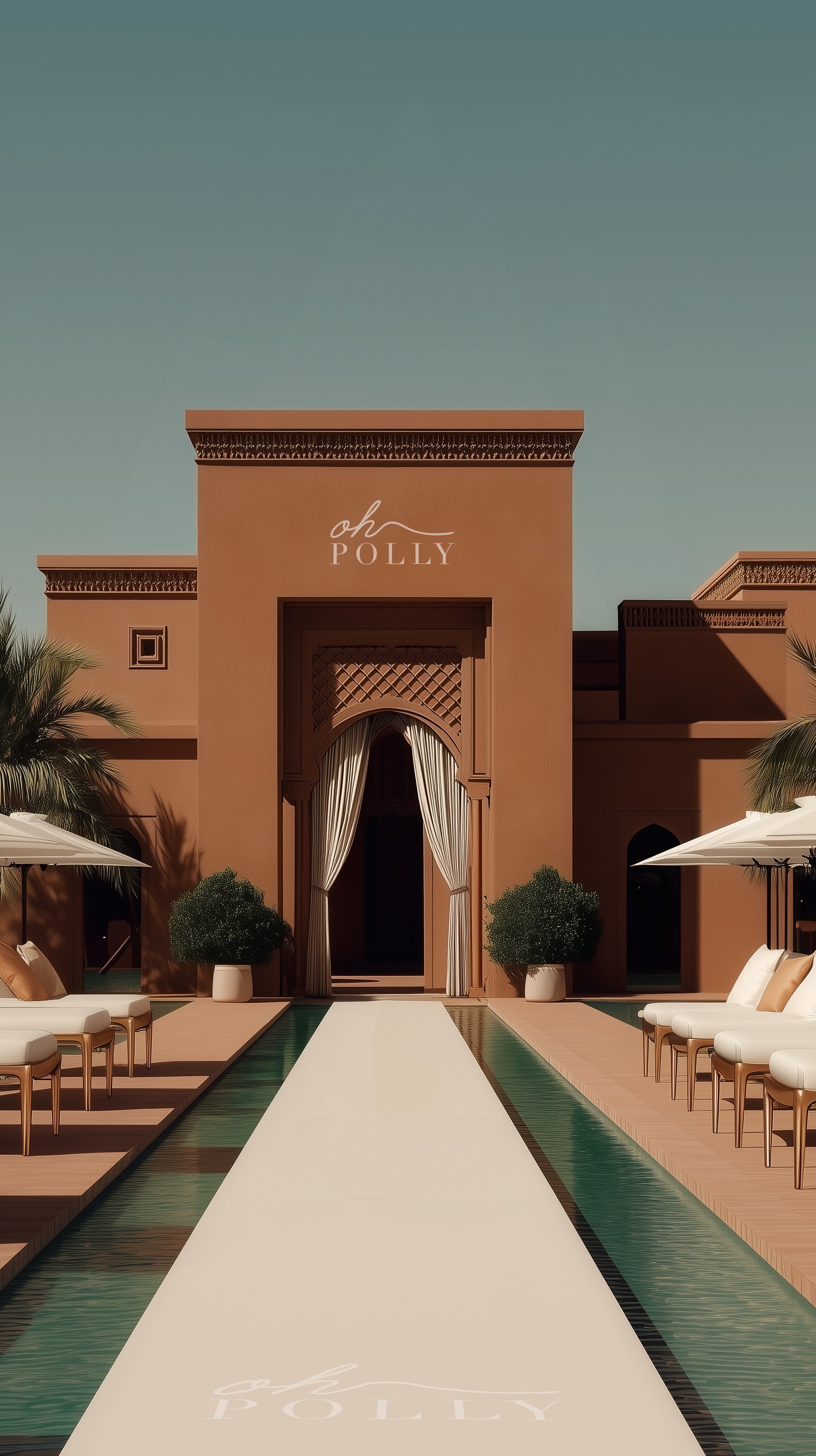 Oh Polly, Sirocco campaign: imagined Moroccan runway courtyard and pool