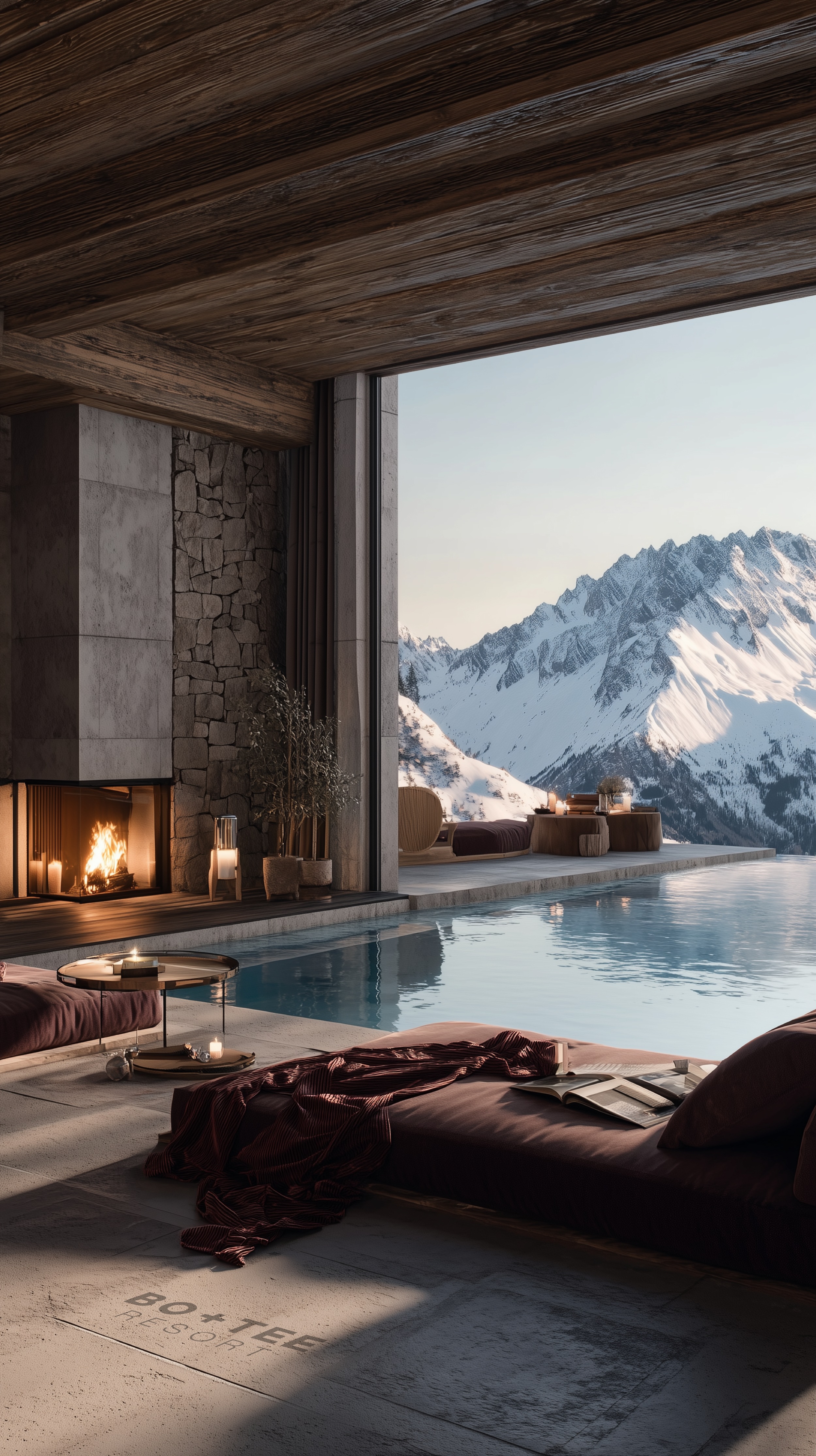 Fictional Bo+Tee mountain spa with an indoor pool and fireplace overlooking the Alps