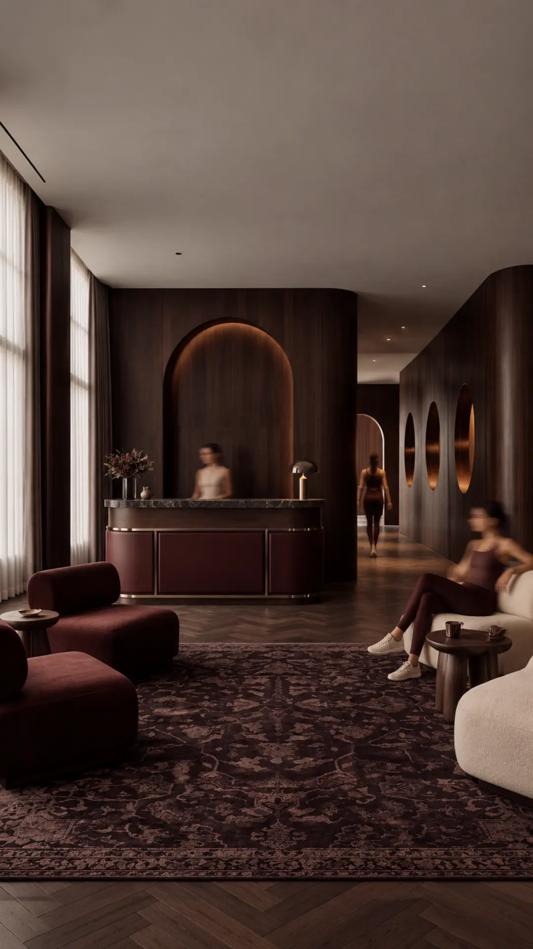 Pilates Club concept — reception with burgundy seating