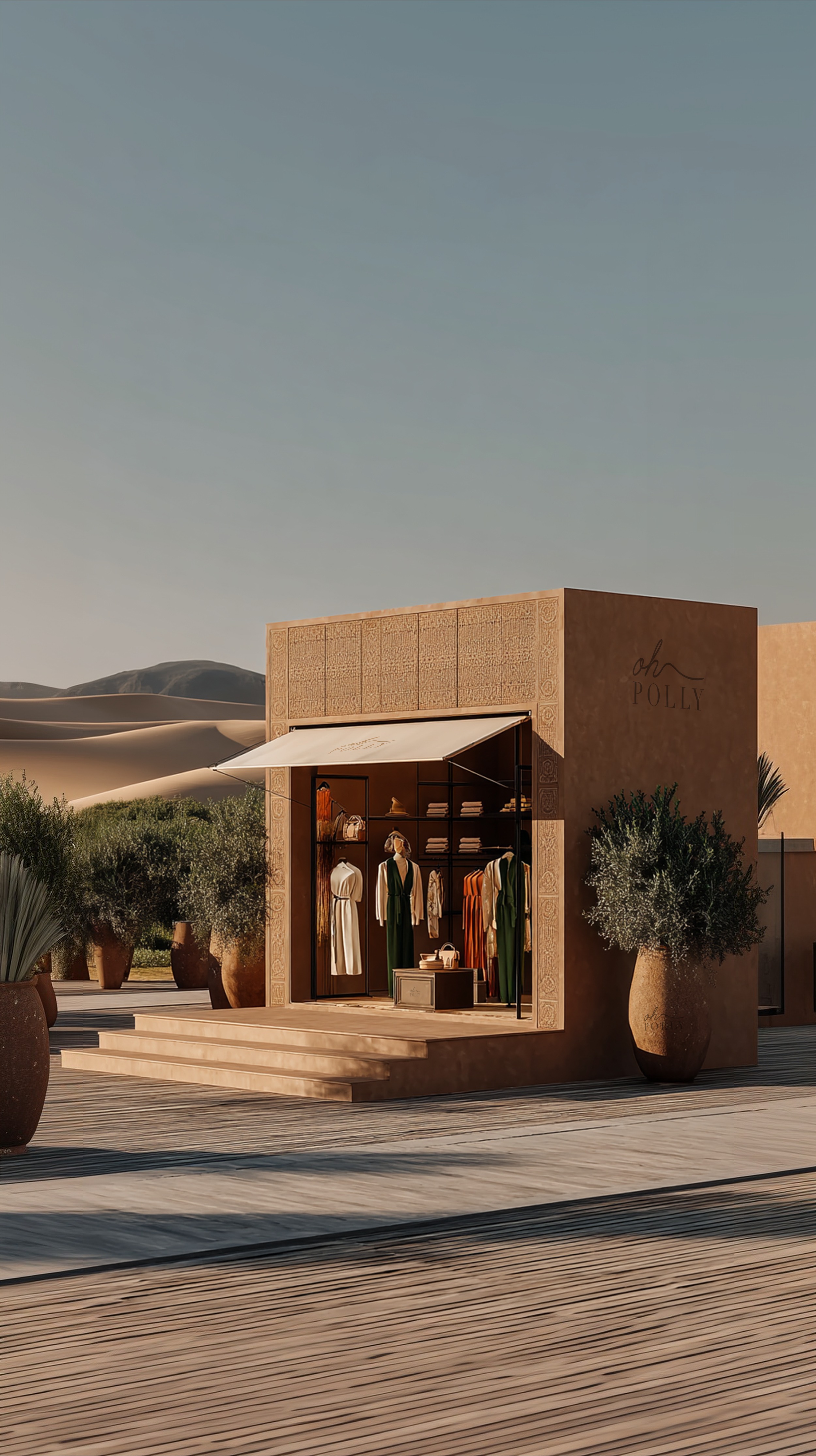 Imagined Oh Polly fashion pavilion framed by Moroccan desert dunes