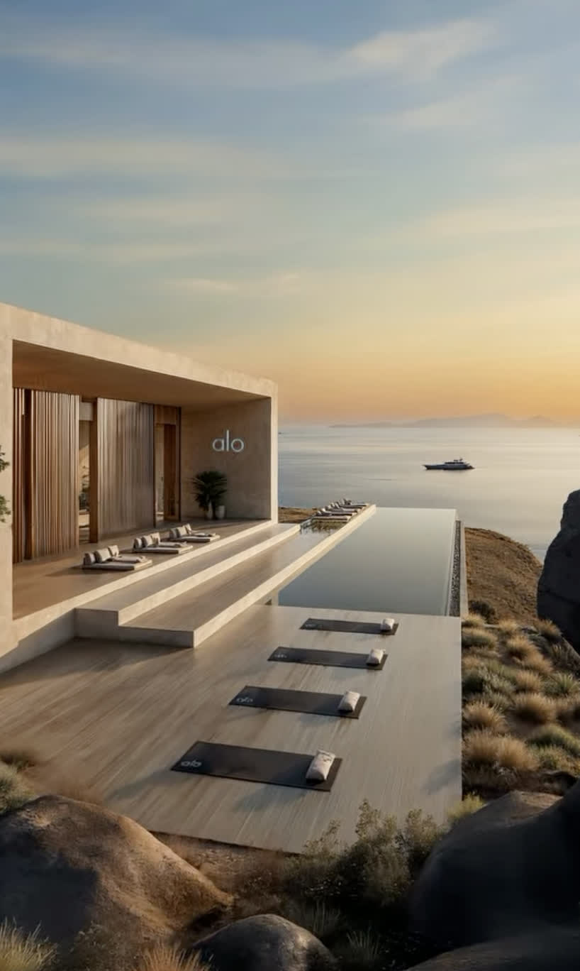 Imagined ALO beach club pavilion with infinity pool above the sea at sunset