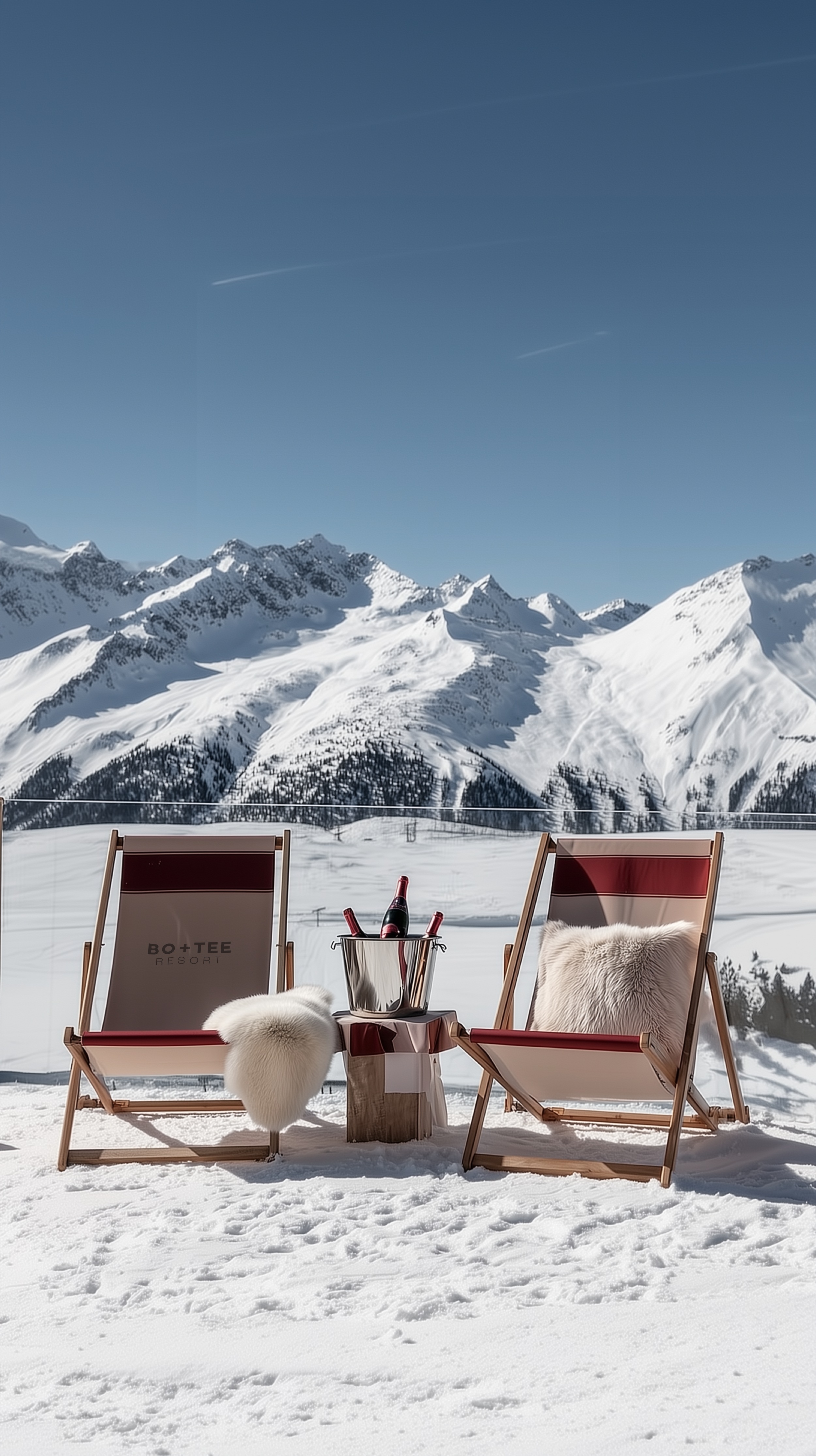 Fictional Bo+Tee ski destination with branded deckchairs overlooking snowy peaks