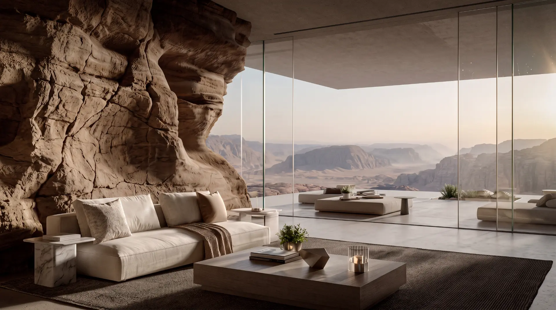 A modern lounge built against a sandstone rock face overlooking a desert canyon