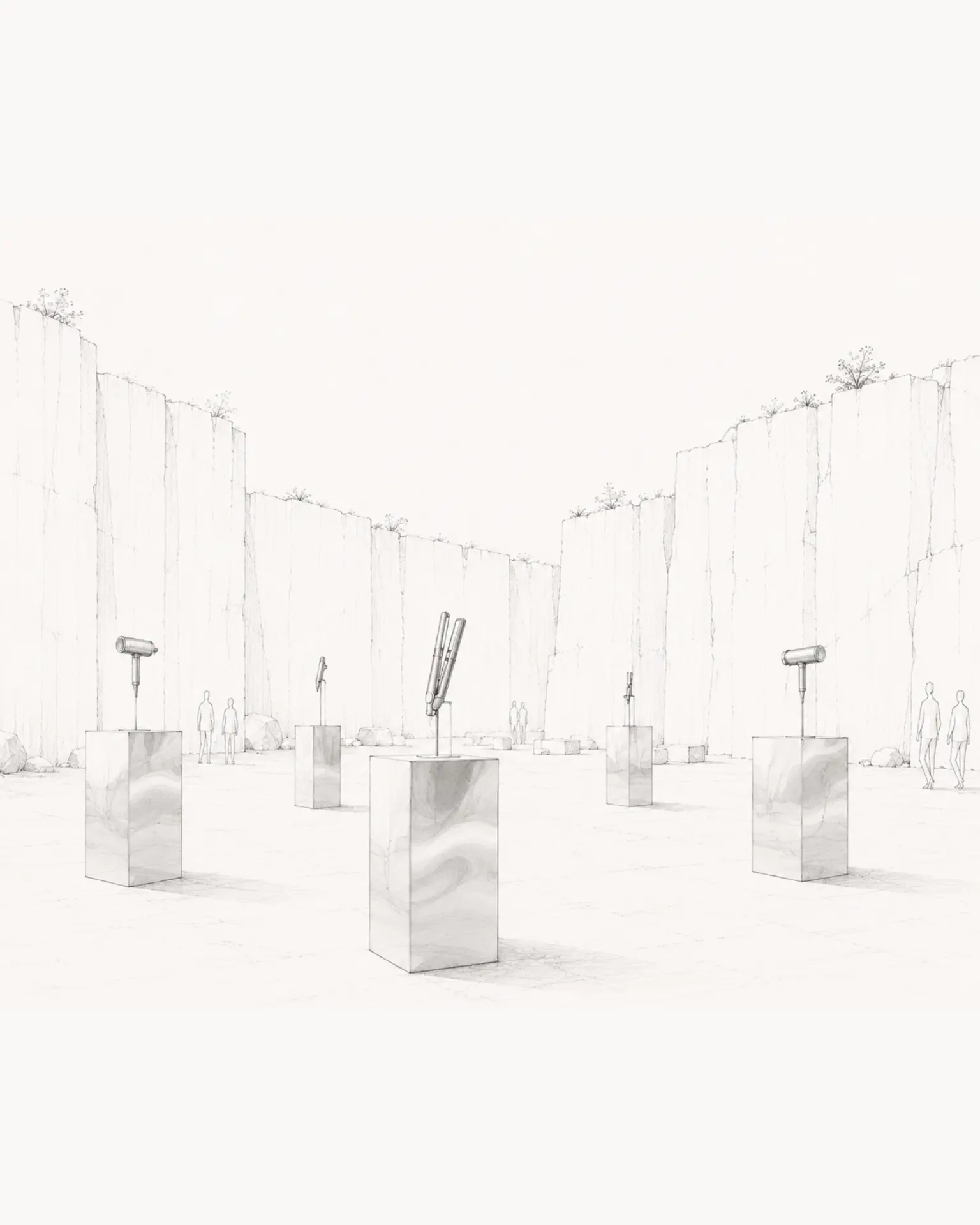 Concept sketch of marble pedestals with ghd tools