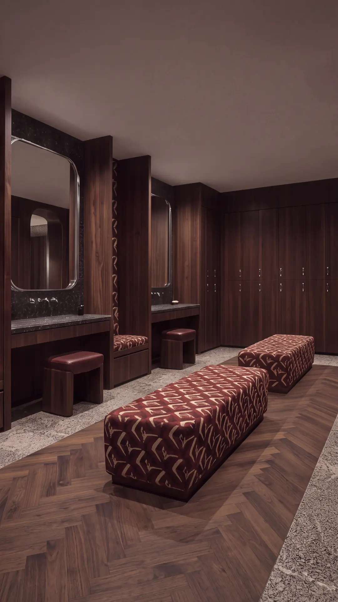 Pilates Club concept — changing room with patterned benches