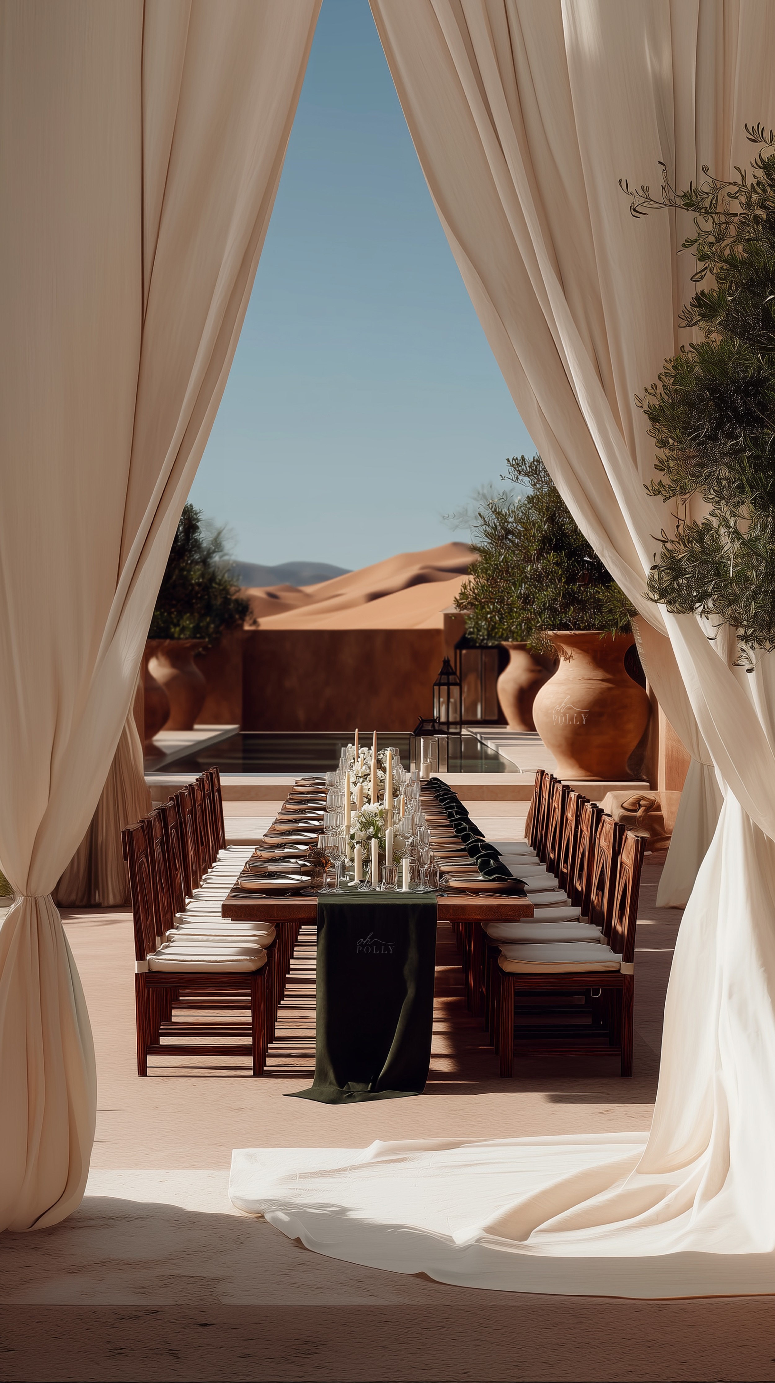 Fictional Sirocco launch table seen through draped curtains toward the desert
