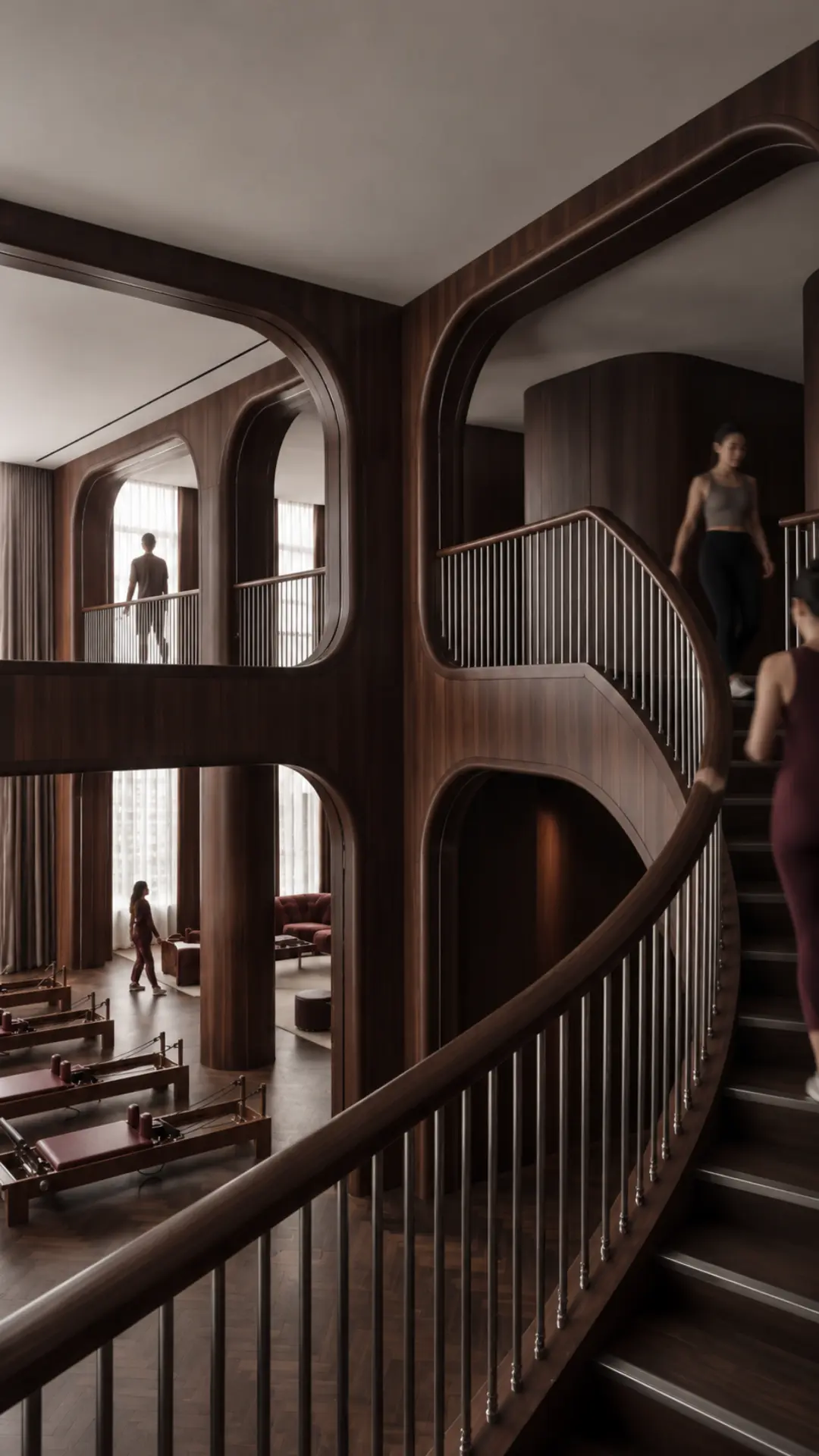 Pilates Club concept — curved timber staircase and common areas