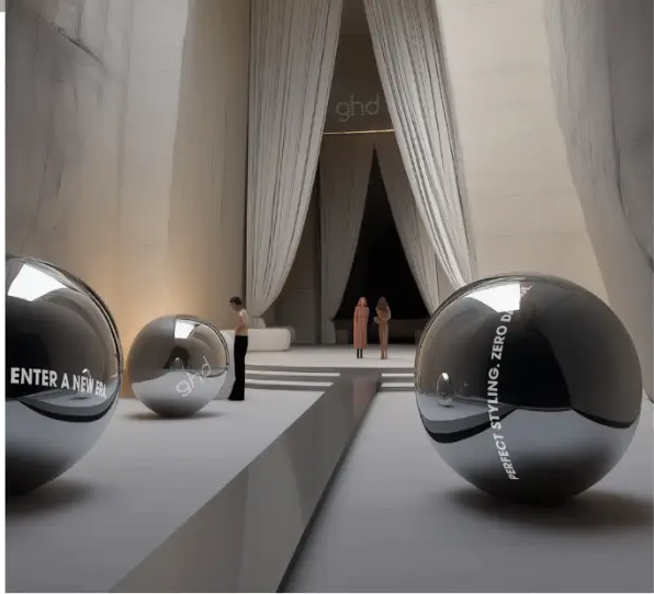 Concept visual of chrome spheres framing the entrance