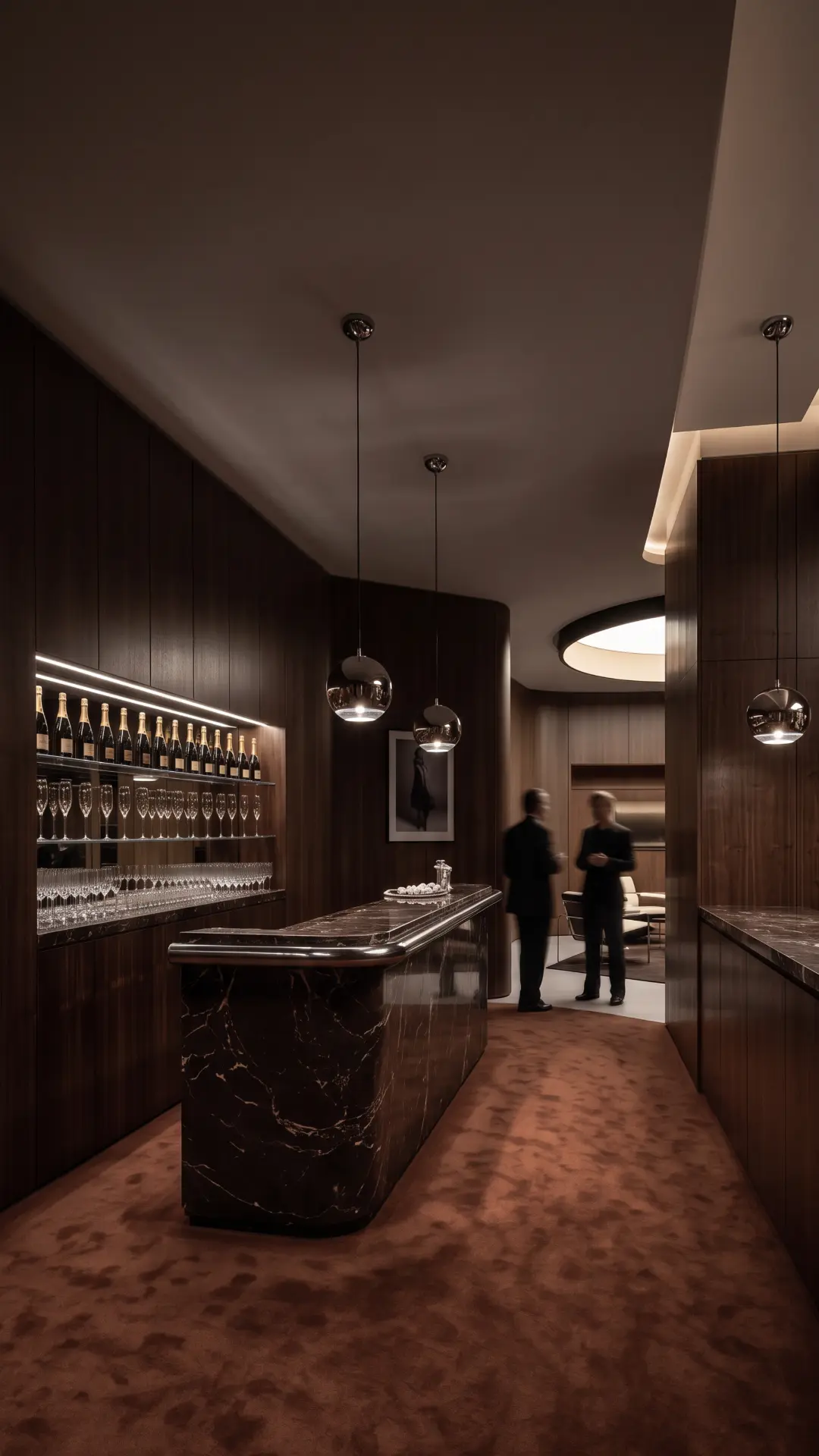 Oyster Bar, Paris concept — brown marble bar and champagne wall