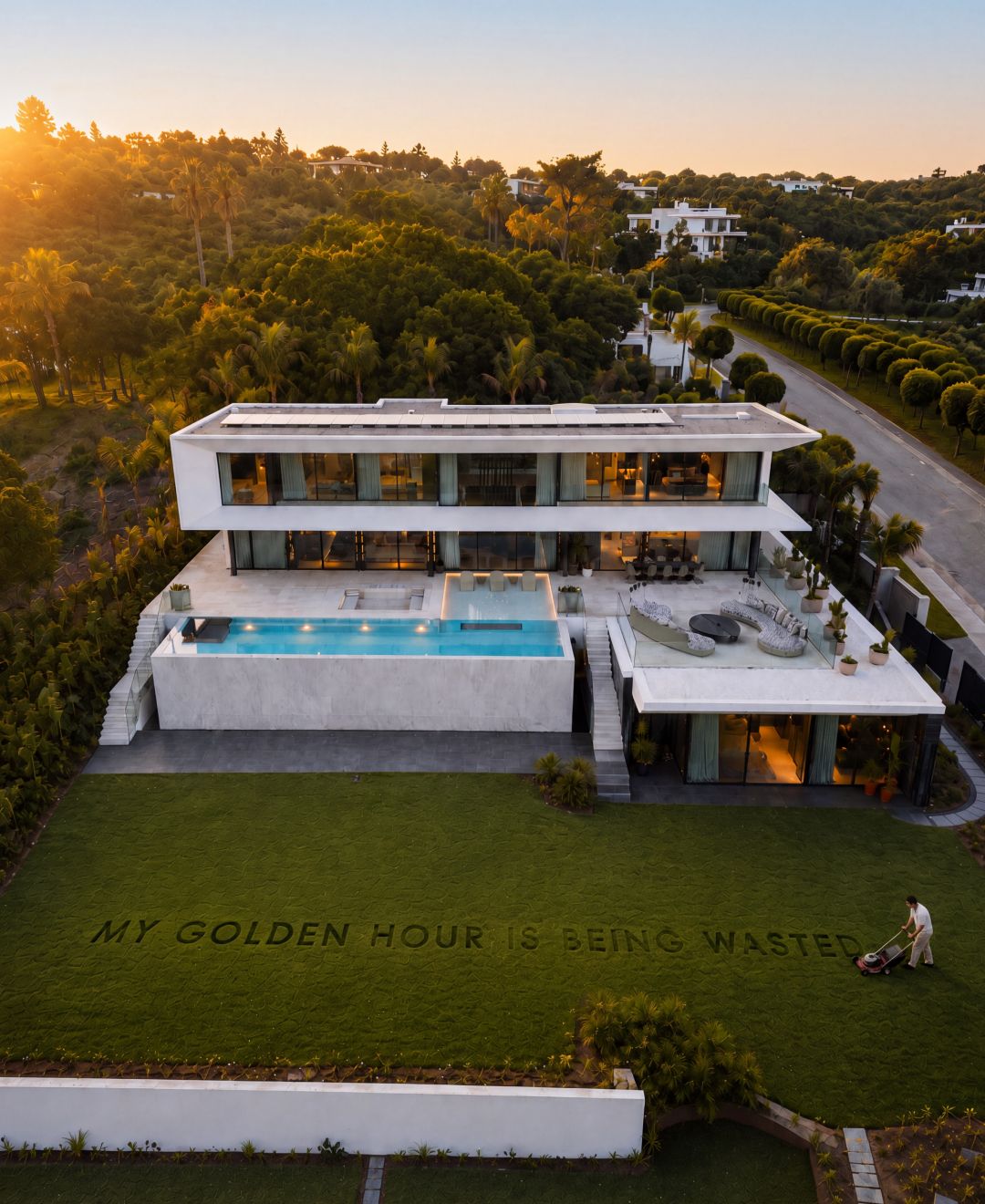 Drumelia recruitment campaign: villa lawn with a message asking for more social stories