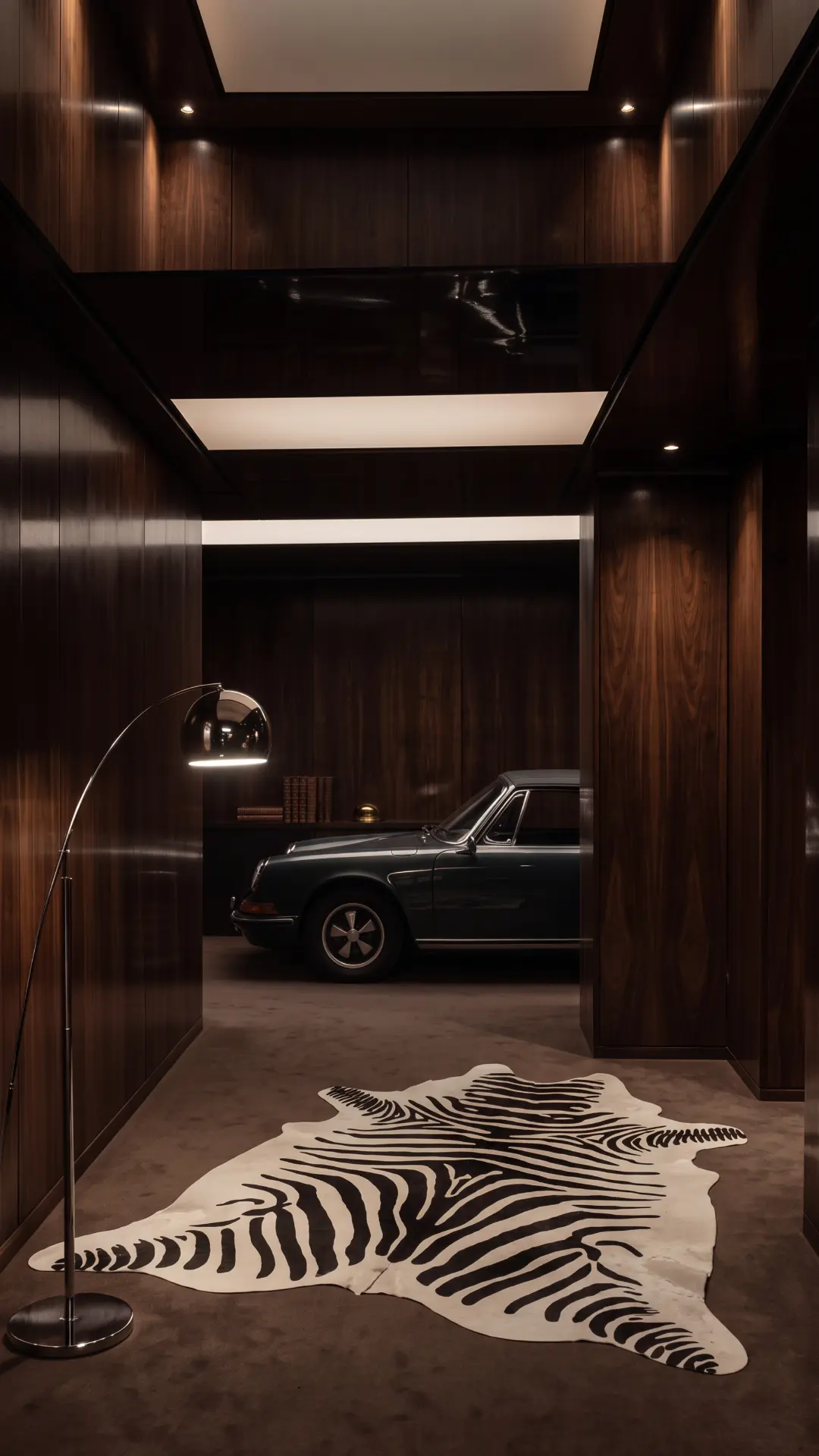 Oyster Bar, Paris concept — walnut passage with zebra rug