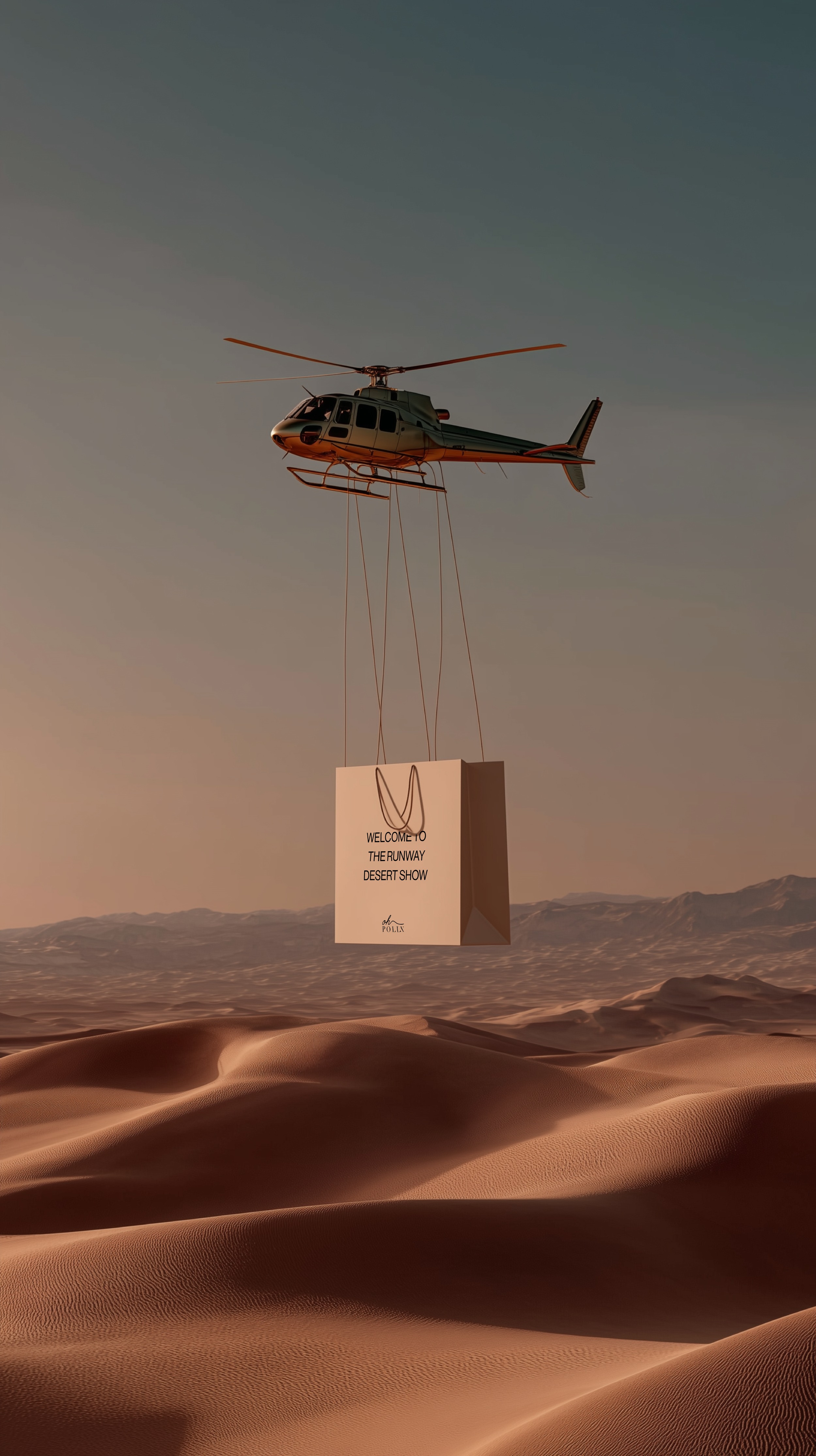 Sirocco campaign visual of a helicopter carrying an Oh Polly bag above desert dunes