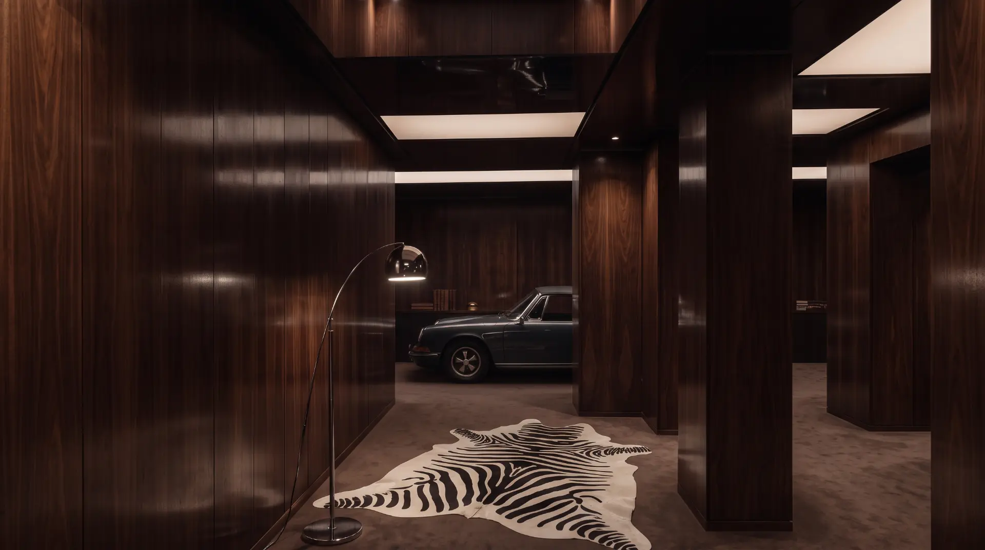 A walnut-panelled gallery hallway with a chrome floor lamp, zebra rug and a classic Porsche beyond