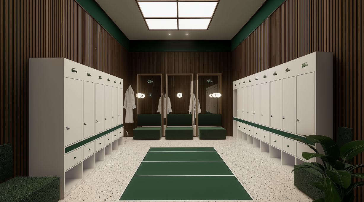 Concept visual of white lockers, dark wood walls and Lacoste-green seating