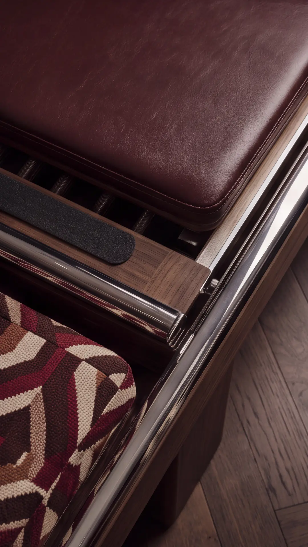 Pilates Club concept — timber, upholstery and chrome material detail