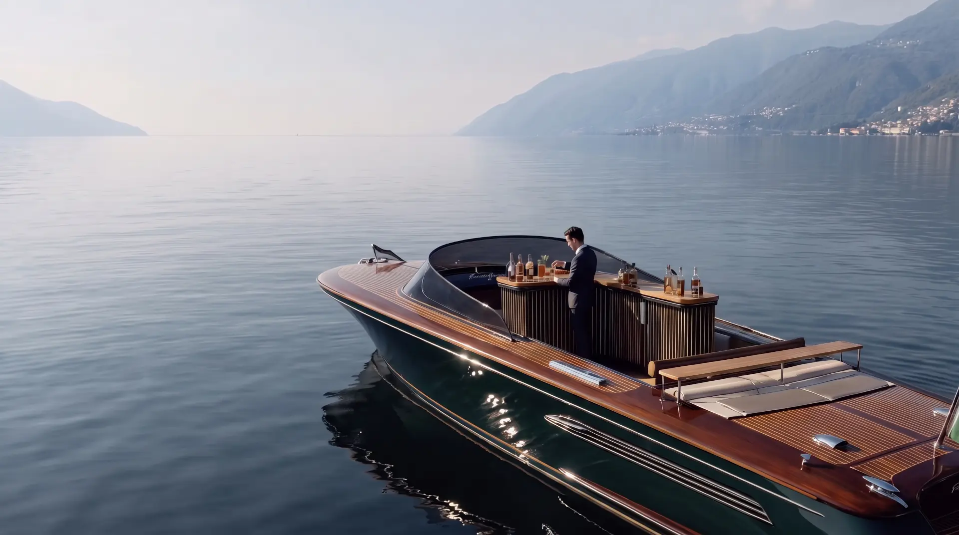 A dark green wooden runabout with a small bar floating on a calm alpine lake