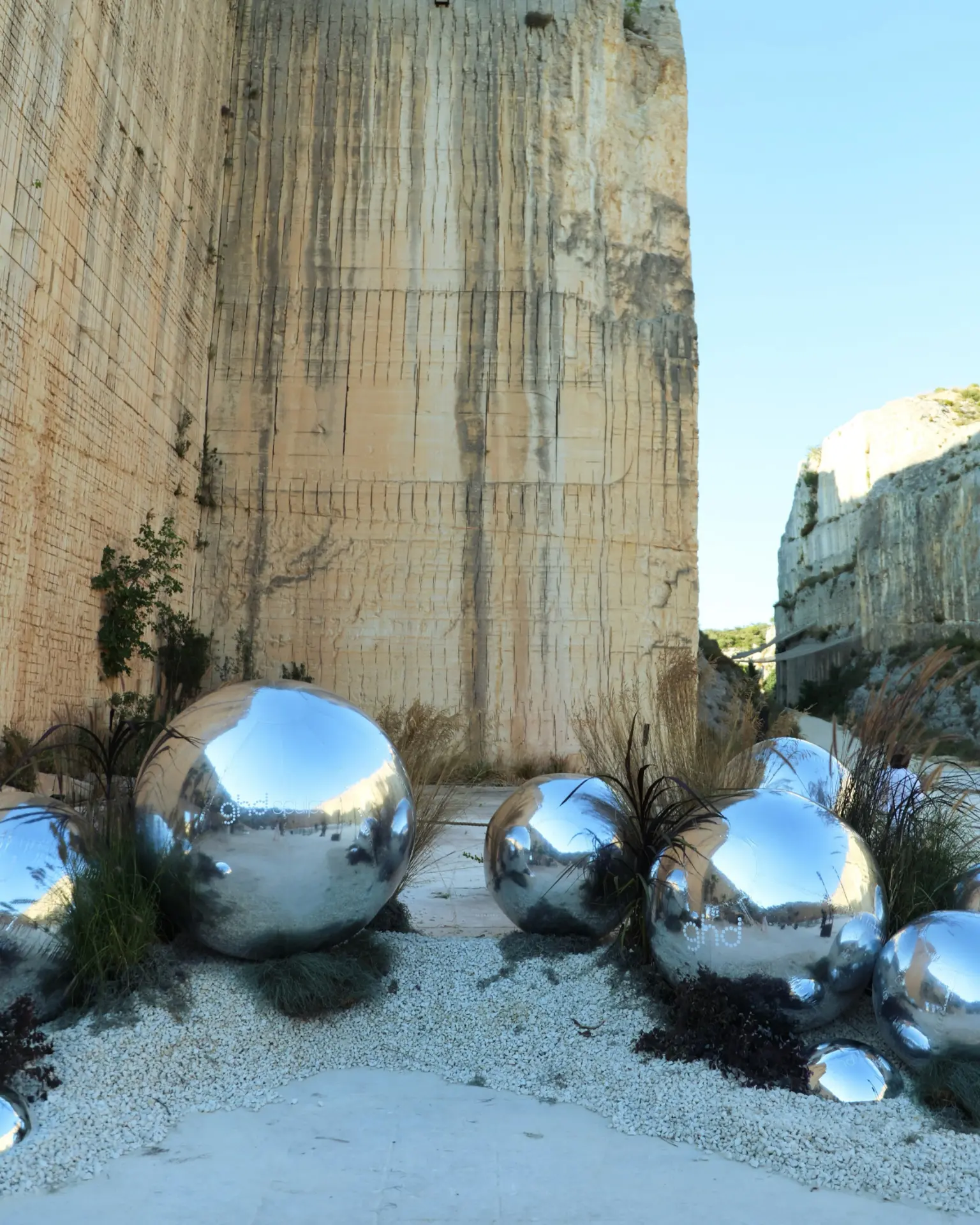 Chrome spheres placed among plants in the quarry at the final event