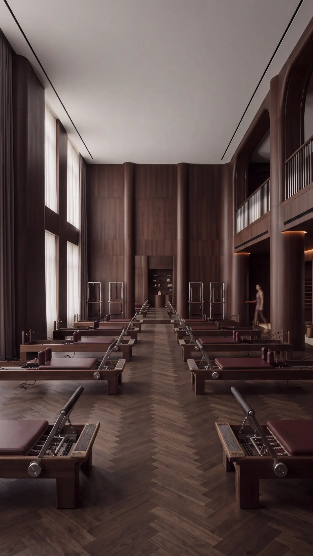 Pilates Club concept — dark wood reformer studio